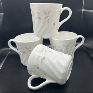 4-1970’s Corning Ware English Meadow Floral Pattern Coffee Cups Mugs White Swirl